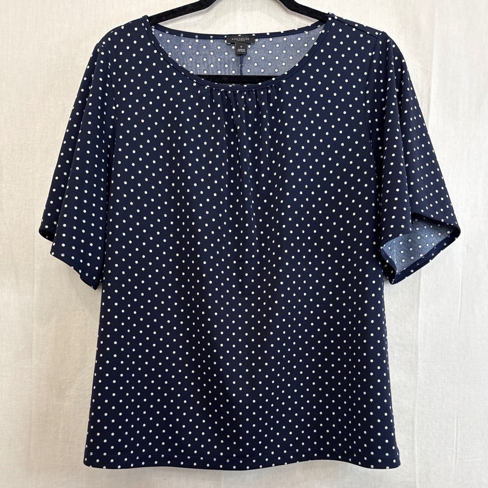 Ann Taylor Factory Navy Blue White Polka Dot  Flutter Sleeve Top Blouse Size M